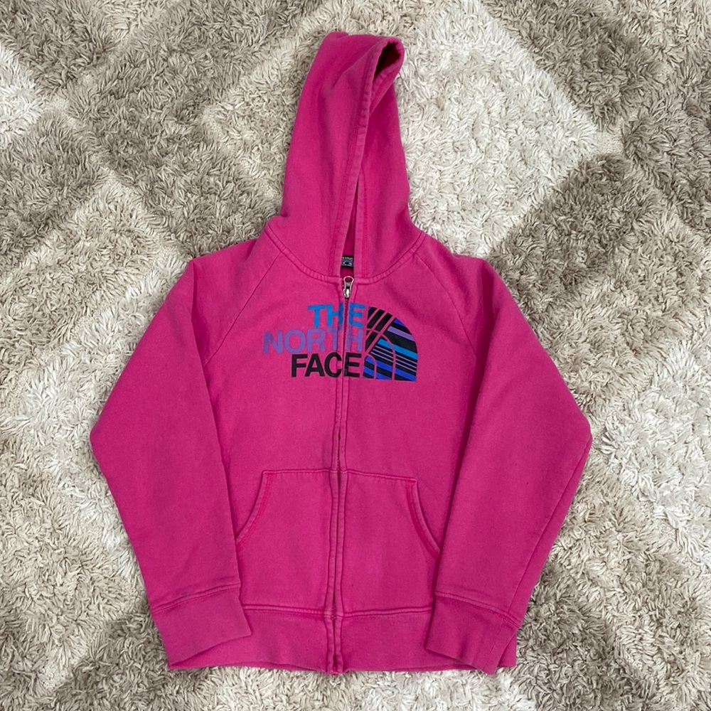 The North Face pink zip front hoodie, In excellent used condition, Medium (10/12
